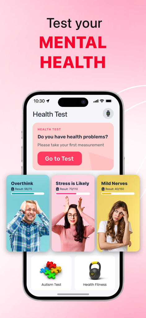 Interface of iCardiac app featuring mental health tests for stress and anxiety