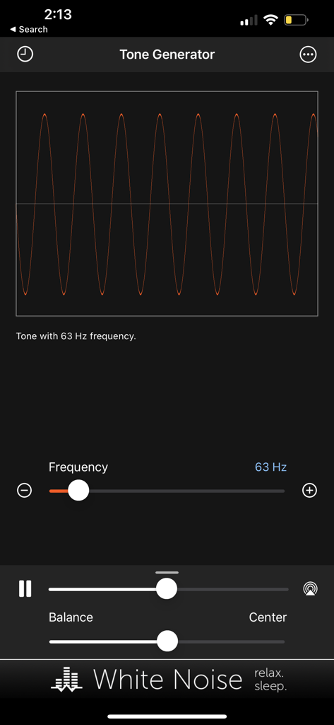 Tone Generator app interface showing a 63 Hz sine wave