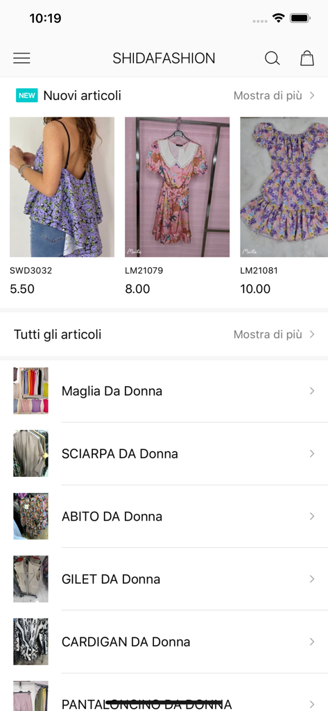SHIDA FASHION - SHIDA FASHION app screen showing new wholesale women's clothing arrivals and product categories