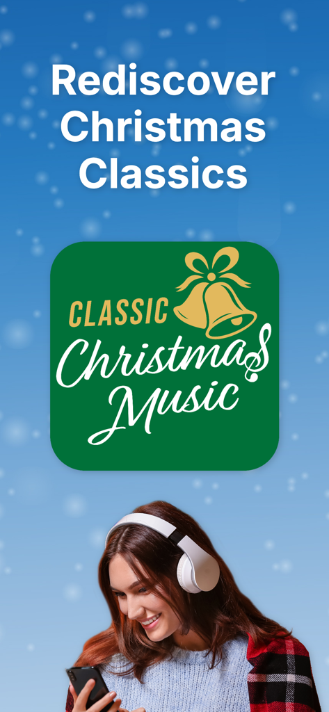 Relevant Radio Catholic Rosary - A woman wearing headphones listening to classic Christmas music on a smartphone against a snowy blue background.