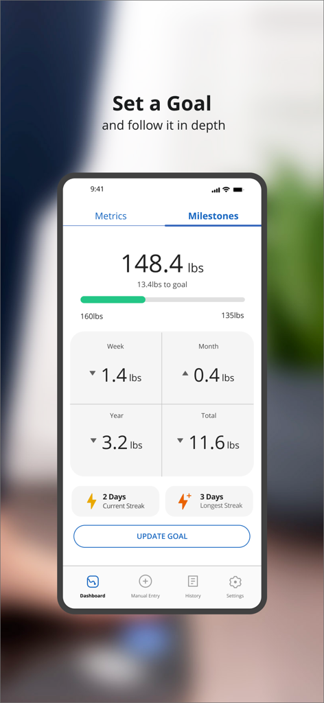 Weight Gurus app screen showing weight milestones progress to goal and weigh-in streaks