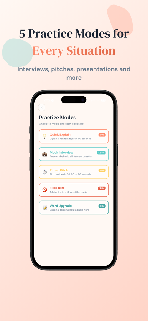 Unscripted: Articulation Coach - Unscripted Articulation Coachのインターフェース。Mock InterviewやFiller Blitzを含む5つの練習モードが表示されています。