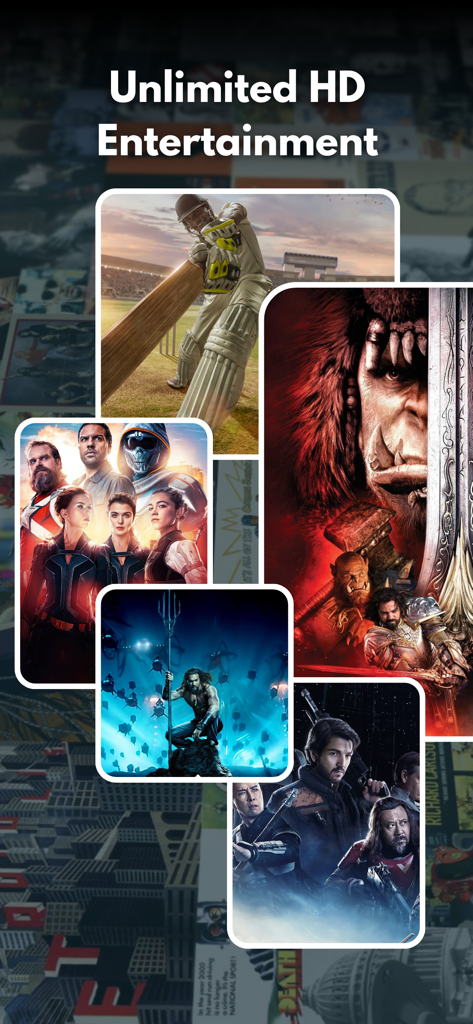 Collage of movie posters and a cricket player with the heading Unlimited HD Entertainment