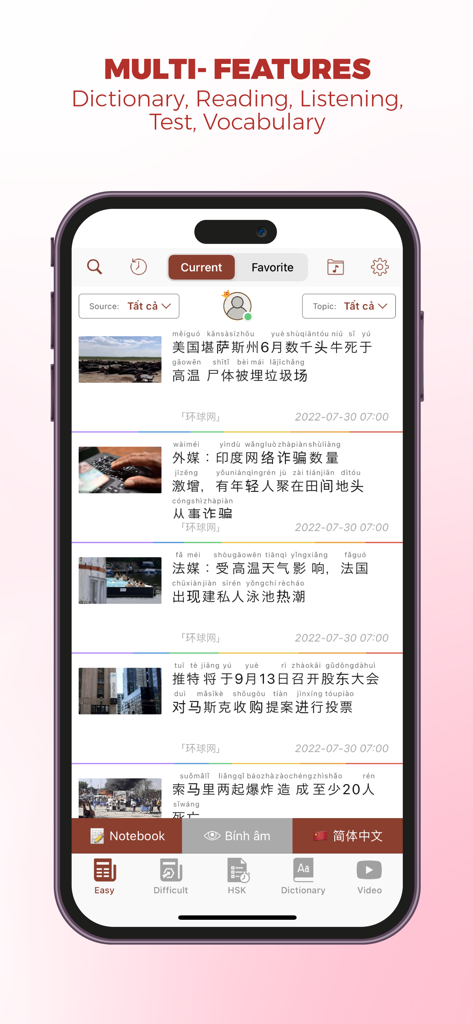 Todaii: Easy Chinese - Smartphone screen displaying a list of news articles in Chinese with pinyin subtitles in the Todaii app