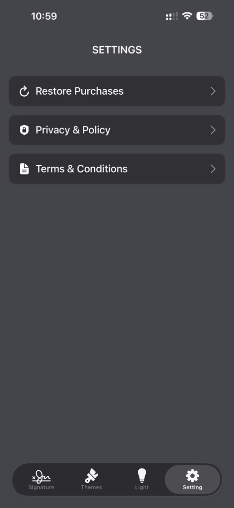Firma Digital - Settings menu of the Firma Digital app featuring restore purchases, privacy policy, and terms and conditions.