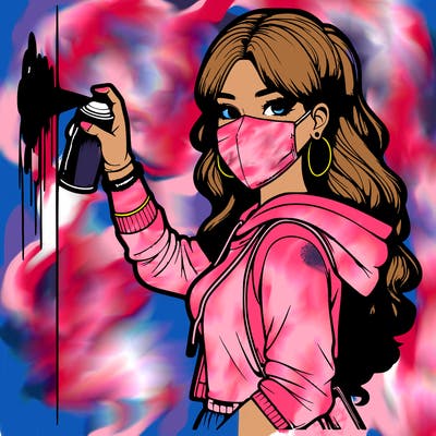 realistic girl with mask spray painting a wall