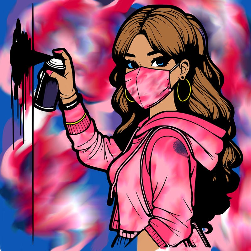 realistic girl with mask spray painting a wall