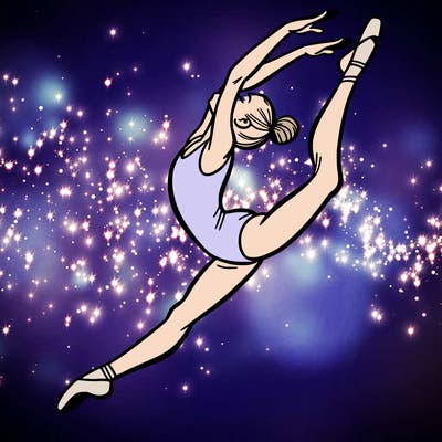 gymnast doing a leap in a leotard with a bent back leg