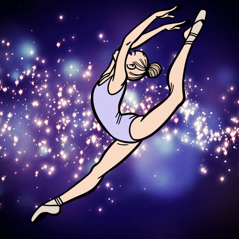 gymnast doing a leap in a leotard with a bent back leg