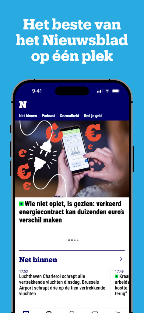 Nieuwsblad Nieuws - オランダのニュースヘッドラインを表示するスマートフォンの Nieuwsblad ニュースアプリのホーム画面