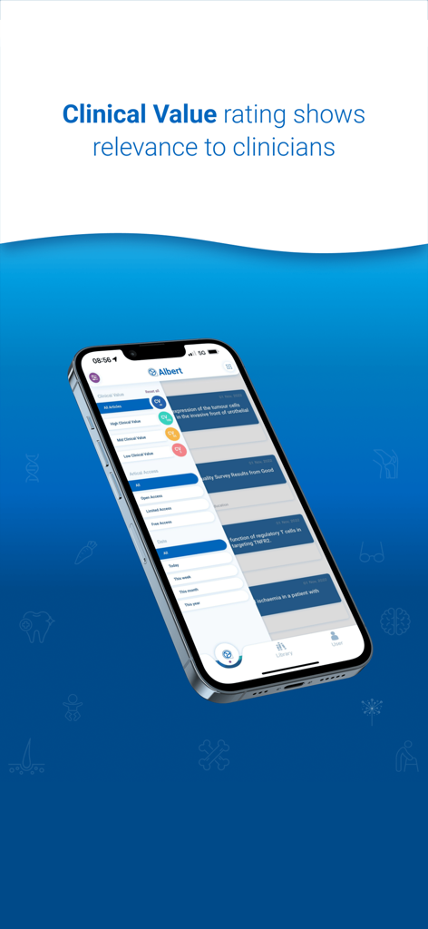 Docintel - Docintel mobile app interface showing clinical value ratings and research article filters