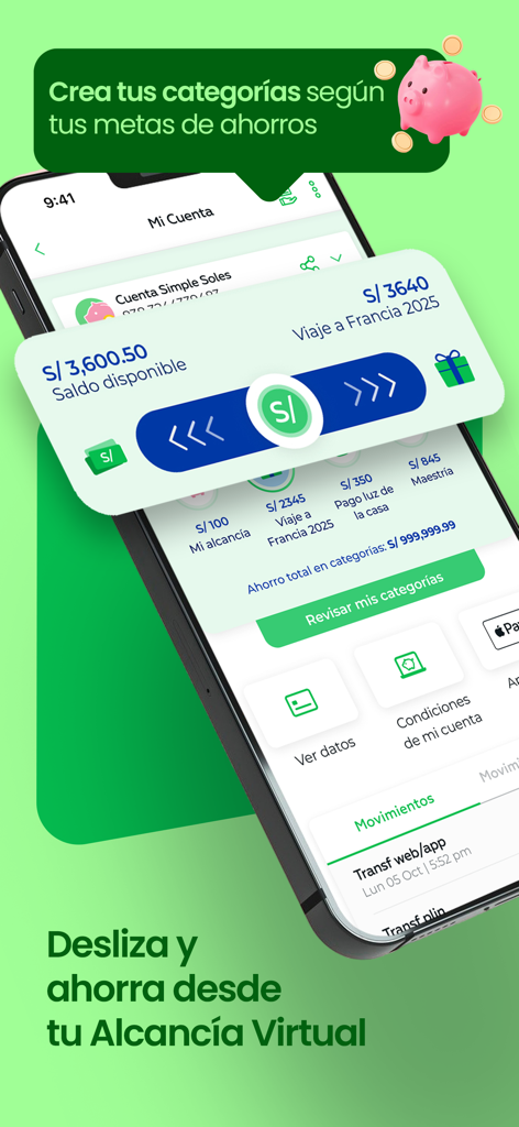 Interbank APP - Interface of Interbank APP showing savings goals and virtual piggy bank feature for managing money and installments.