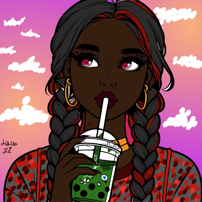 realistic girl with braided hair drinking boba