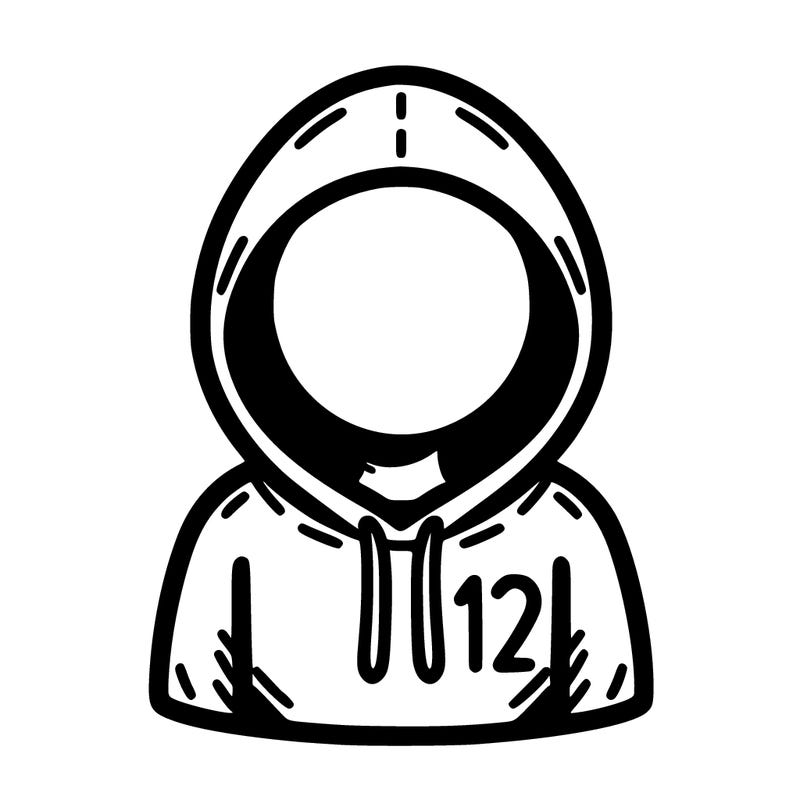 a person with non face waering a hoodie with a small 132 symbol