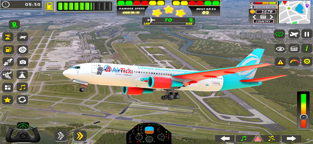 Sky Route Missions - Gameplay of Sky Route Missions showing a passenger jet flying over an airport with mobile touch controls and flight instruments.