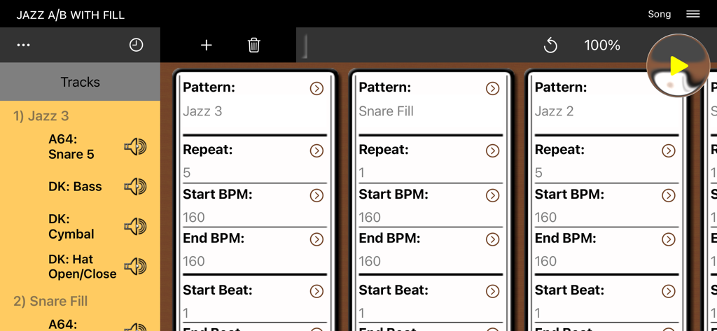 Interfaz de la aplicación Beat Vibe mostrando patrones de canciones secuenciales y pistas de ritmo
