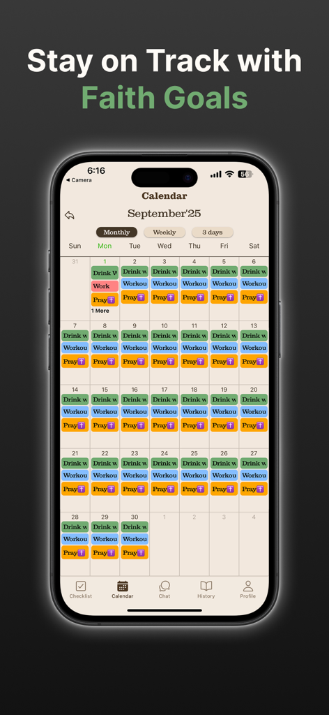 Heavenly app screenshot showing a monthly calendar with tracked faith and health goals