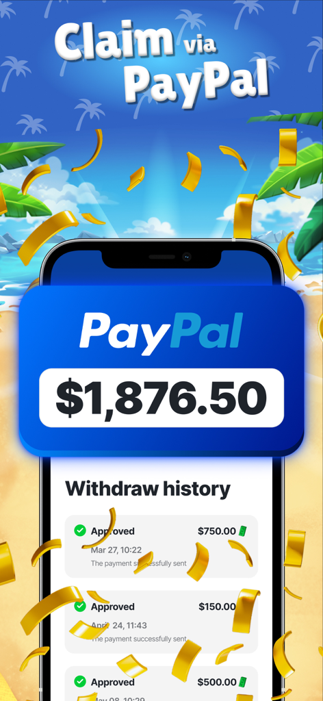 Tropical Crush: Lucky Match - Tropical Crush 앱 화면에 골드 색종이와 함께 현금 보상 및 성공적인 PayPal 인출 내역 표시