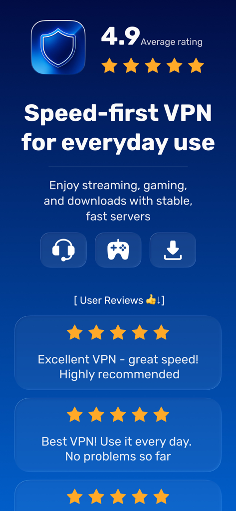HiddenShelter VPN app screenshot showing a 4.9 rating and high speed servers description