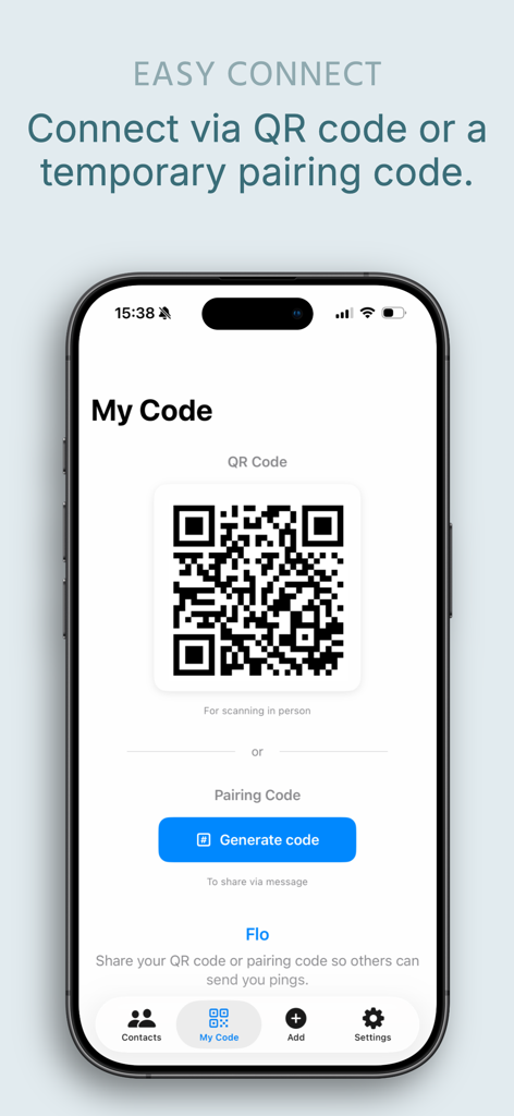 PingPair - Interfaz de la aplicación PingPair para conectarse con contactos a través de un código QR o código de emparejamiento.