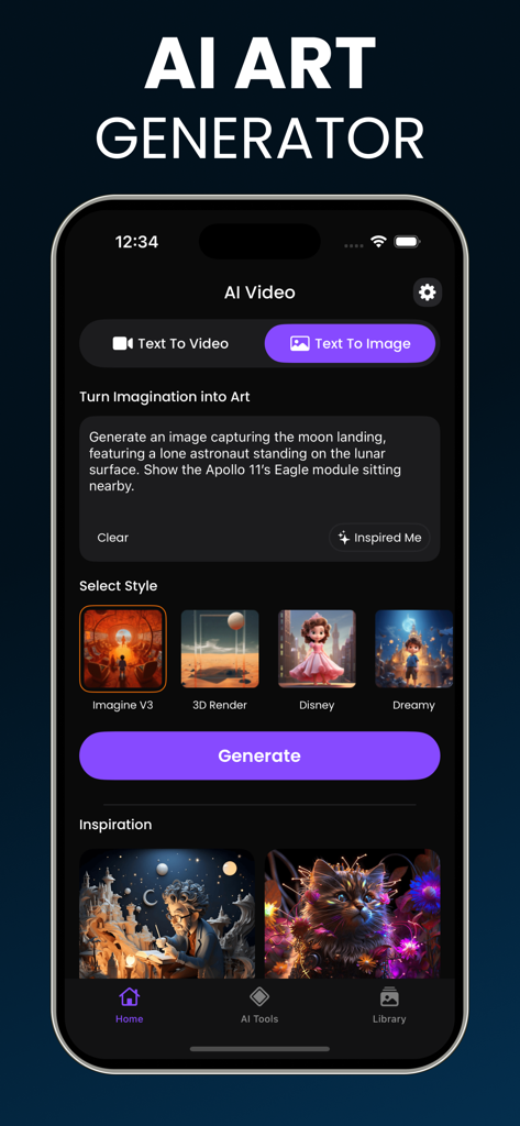 AI Video & Image Generator® - The AI Art Generator app interface showing a text to image prompt for an astronaut on the moon.