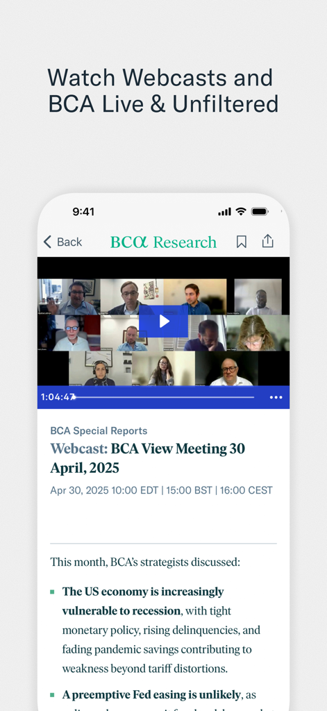 Pantalla de la aplicación BCA Research que presenta un webcast financiero en vivo y análisis de expertos