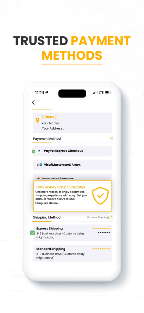 Ubuy mobile app checkout screen showing trusted payment methods and a money back guarantee
