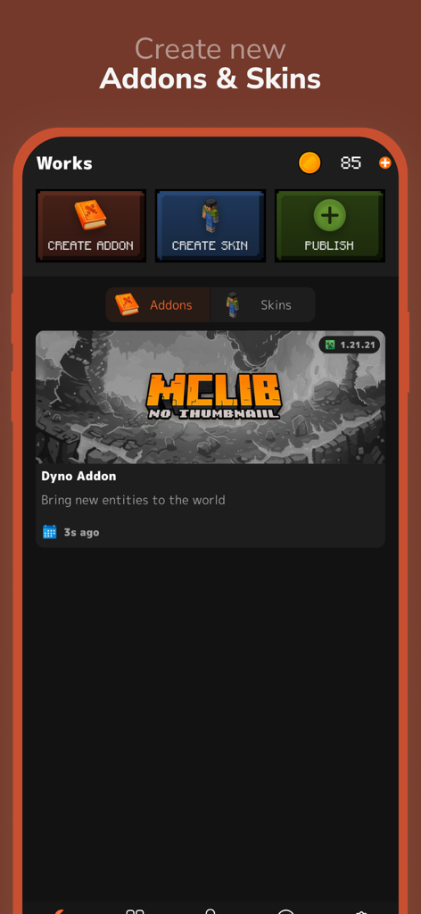 Dashboard interface of MCLIB app showing options to create and publish Minecraft addons and skins