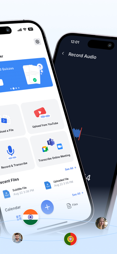 Transkriptor - Speech to Text - Two iPhones displaying the Transkriptor app interface with options to record audio, upload from YouTube, and transcribe online meetings from Zoom and Microsoft Teams.