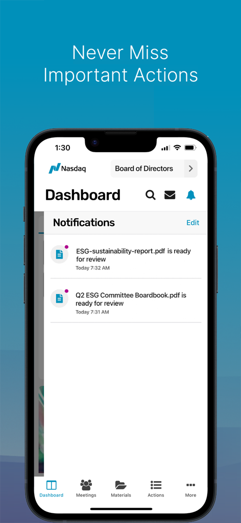 Nasdaq Boardvantage Go app dashboard showing notifications for executive document reviews