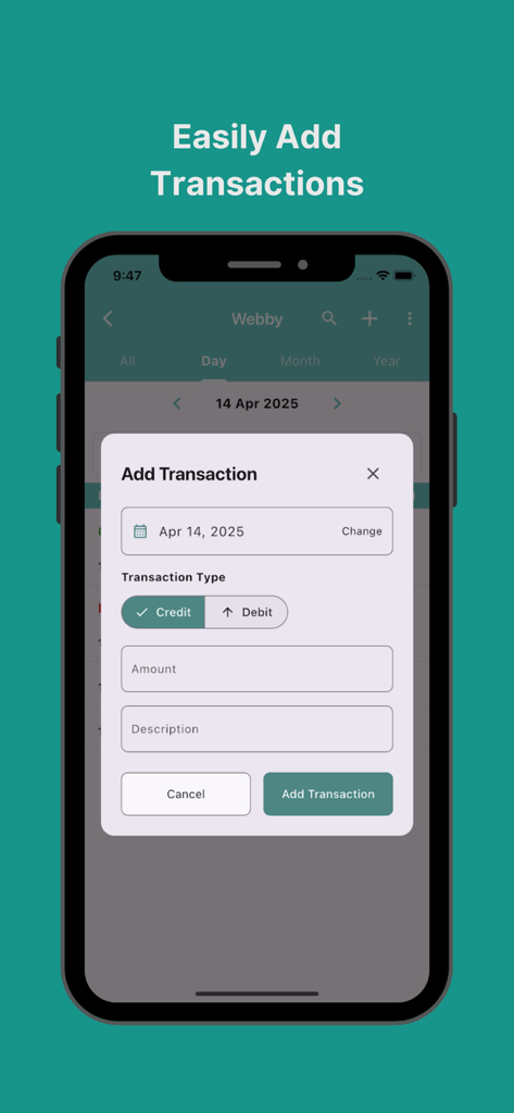 Day-to-day Expenses - Una interfaz móvil para agregar una transacción de crédito o débito en la aplicación de finanzas Gastos Diarios.