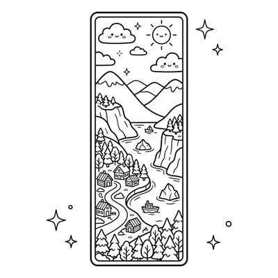 Embark on a charming coloring journey with this Kawaii fjord bookmark featuring an adorable landscape of mountains, water, and quaint houses. It's the perfect little project to brighten your reading experience or share with a friend.