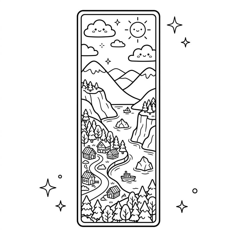 Embark on a charming coloring journey with this Kawaii fjord bookmark featuring an adorable landscape of mountains, water, and quaint houses. It's the perfect little project to brighten your reading experience or share with a friend.