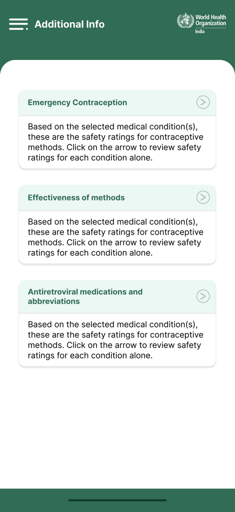 Screen showing additional info options for emergency contraception and method effectiveness in the WHO MEC Wheel app