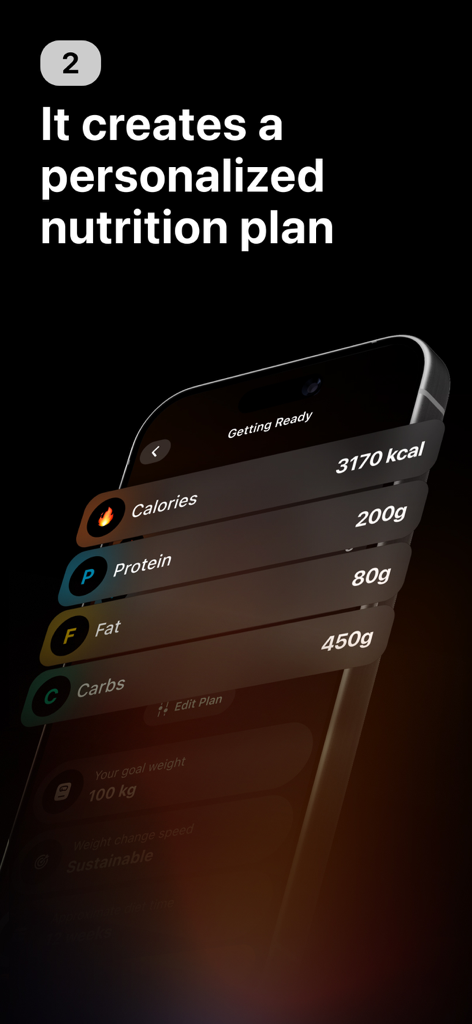 Ninja Fit: Ai Calorie tracker - Écran de l'application mobile Ninja Fit affichant un plan de nutrition personnalisé avec des objectifs quotidiens de calories et de macronutriments