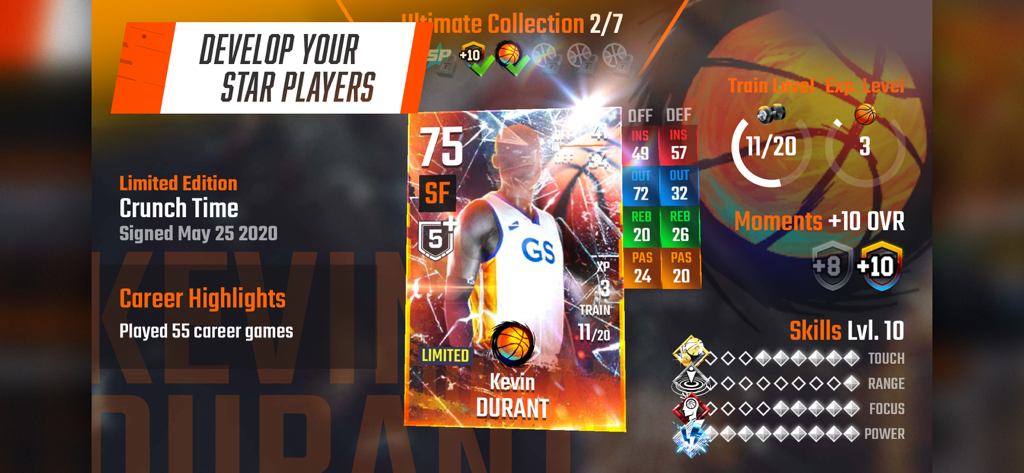 Limited edition Kevin Durant player card showing stats and development in Franchise Basketball Pro GM