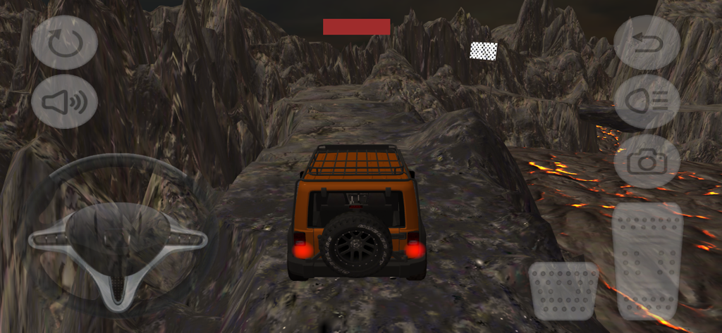 An orange SUV driving on a narrow rocky mountain path next to lava in the Danger Slopes car game