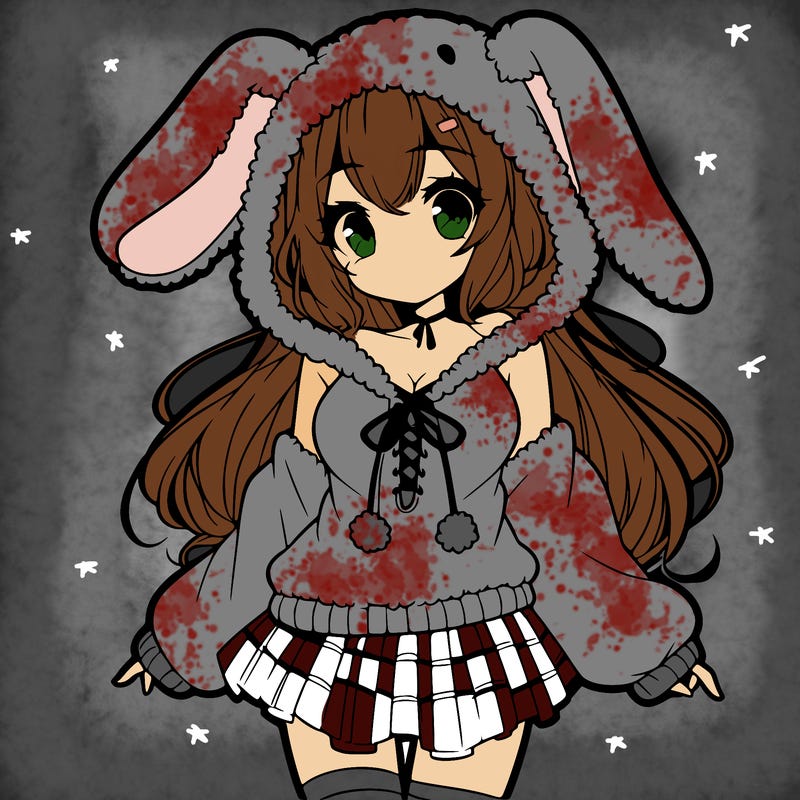 pretty anime girl wearing a fluffy hoodie with bunny ears on the hood and a skirt