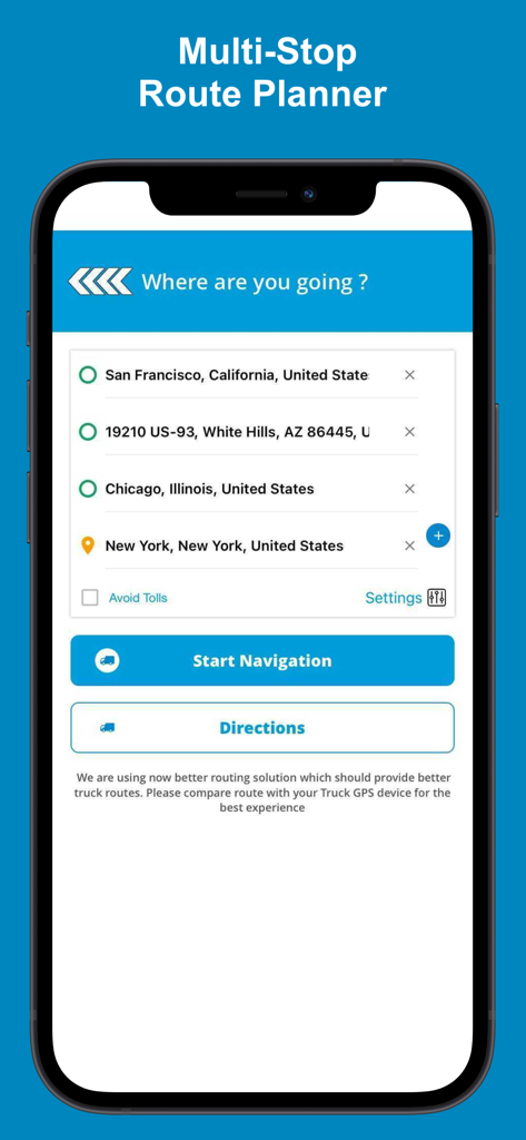 Road Hunter truck navigation app multi-stop route planner screen showing destinations from San Francisco to New York