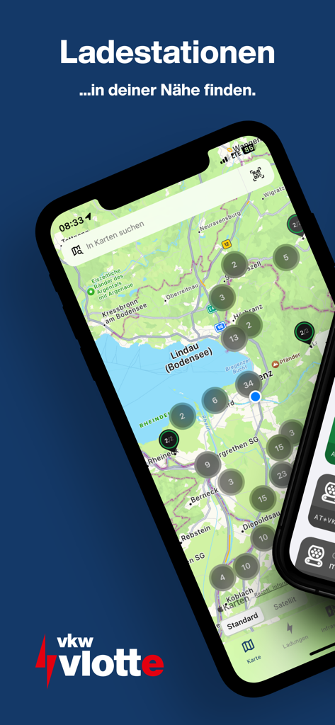vkw vlotte - Map interface of the vkw vlotte app showing nearby EV charging station clusters