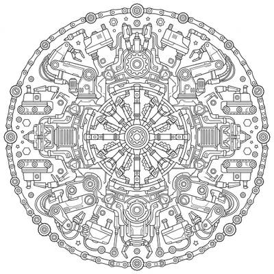 Explore the fascinating fusion of technology and art with this intricate Industrial Robot Mandala coloring page. This unique design challenges you to bring a mechanical marvel to life with your favorite colors.