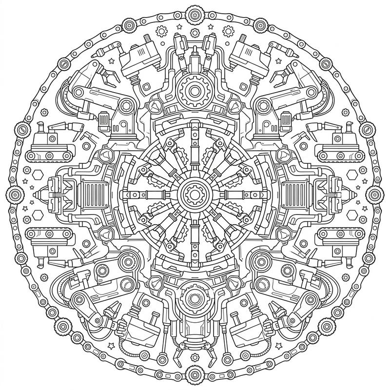Explore the fascinating fusion of technology and art with this intricate Industrial Robot Mandala coloring page. This unique design challenges you to bring a mechanical marvel to life with your favorite colors.