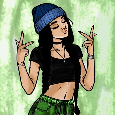 realistic teenage girl with braids and a beanie and crop top doing 🫶🏼