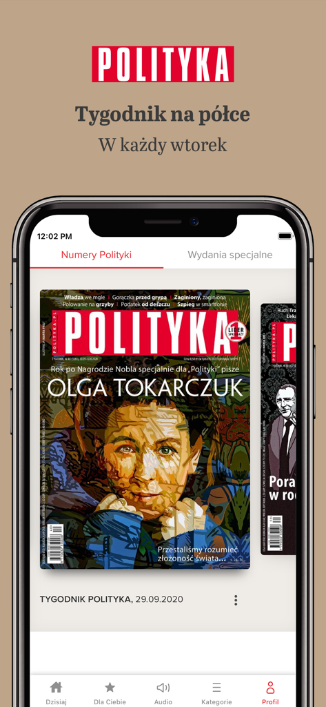Digital magazine shelf in the Polityka app showing the weekly issues with a cover featuring Olga Tokarczuk