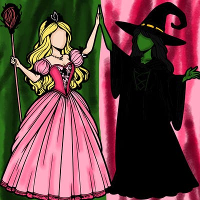 detailed realistic split of a princess and a witch