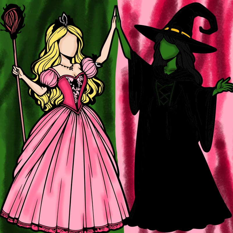 detailed realistic split of a princess and a witch