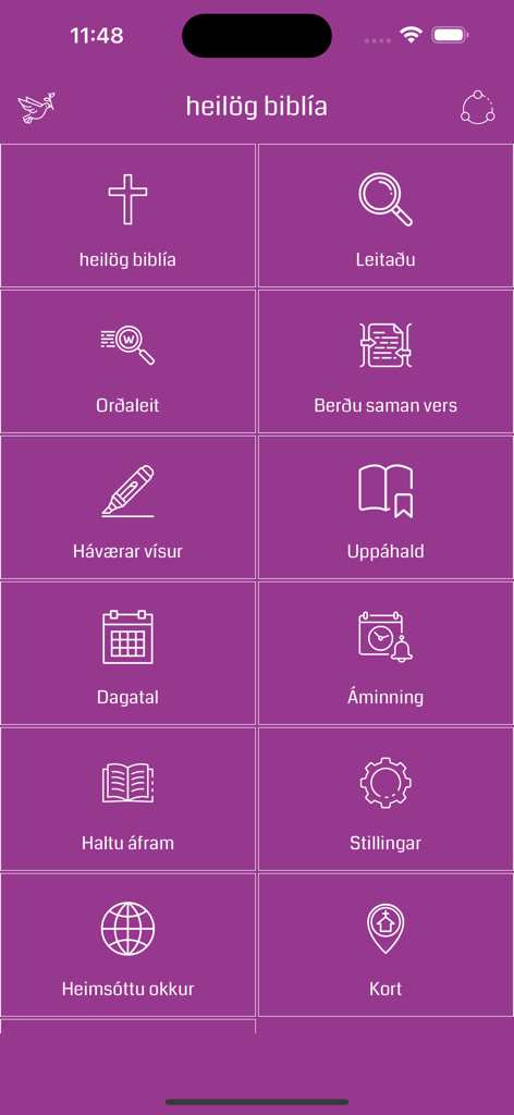 Main menu interface of the Icelandic Bible app featuring a purple grid of navigation icons.