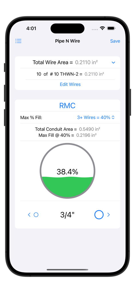 A screenshot of the Pipe N Wire mobile app showing a conduit fill calculation with a 38.4 percent fill level for 10 THWN-2 wires in a 3/4 inch RMC pipe.