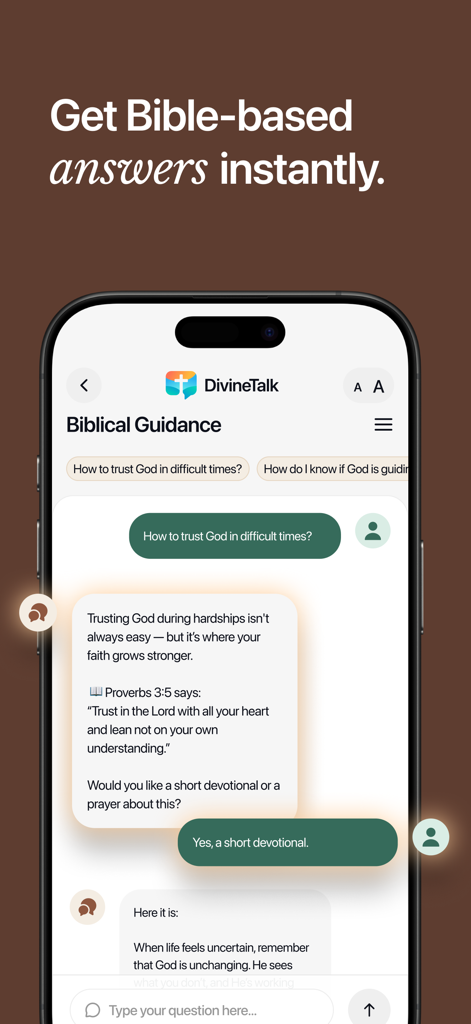 DivineTalk - Bible Tracker - DivineTalkアプリの画面。聖書のガイダンスと聖句を含むチャット会話を表示。
