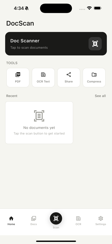 Smart Scan – PDF Scanner App - L'interfaccia della schermata principale dell'app scanner PDF Smart Scan con strumenti per documenti e un pulsante di scansione